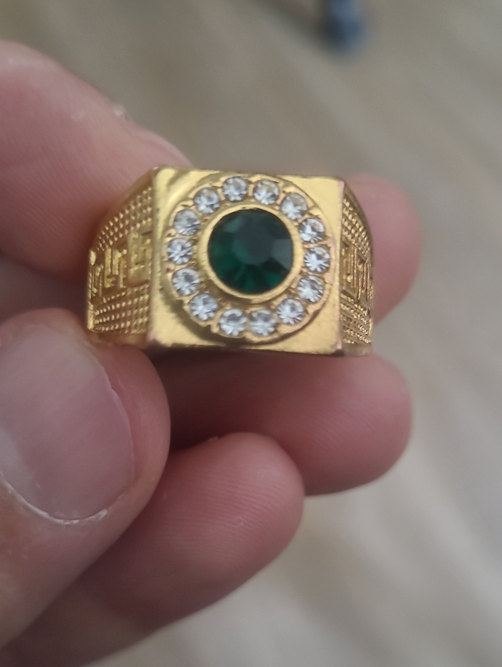 Thai Gold-Tone Diamond Ring with Green Center Stone and Clear Accents